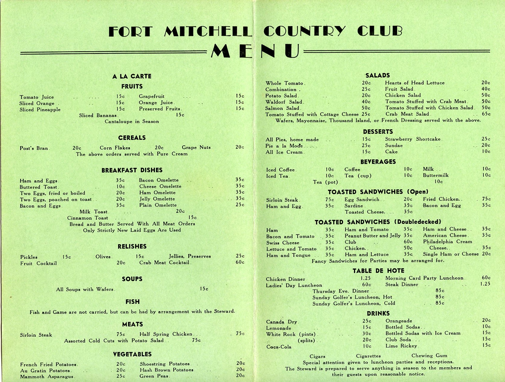 Country Club Menu